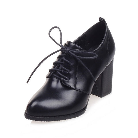 Fanyuan Black White high Heels women Oxford shoes Spring 2018 comfort Office lady Thick heels mature Pointed toe Lace-up Pumps