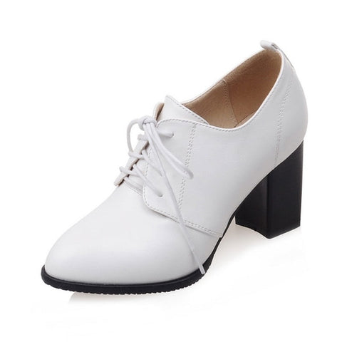 Fanyuan Black White high Heels women Oxford shoes Spring 2018 comfort Office lady Thick heels mature Pointed toe Lace-up Pumps