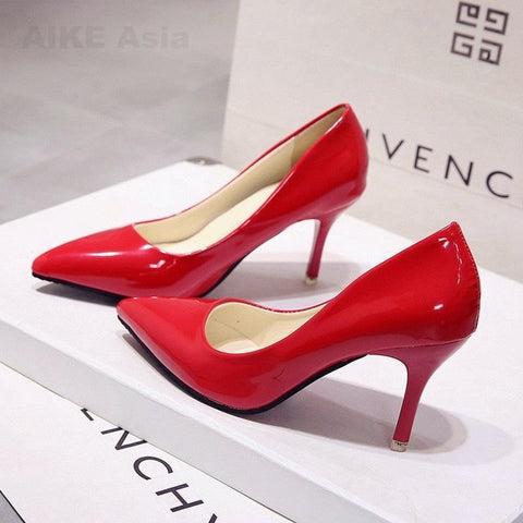 Hot Women Shoes Pointed Toe Pumps Patent Leather Dresshigh Heels Boat Wedding Zapatos Mujer Red wedding Blue Red Black Apricot