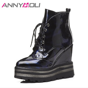 ANNYMOLI Women Boots Winter Platform Wedge Heels Ankle Boots Zip Female High Heel Boots 2018 Autumn Platform Shoes Size 33-42