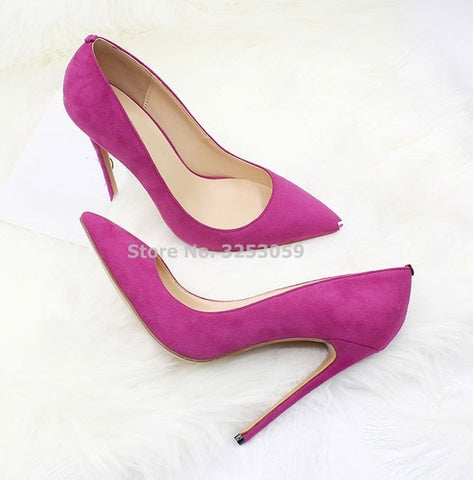 ALMUDENA Suede Pointed Toe Stiletto Heels Dress Pumps Shallow Slip-on 12cm Ultra High Heel Banquet Shoes Purple Yellow Blue