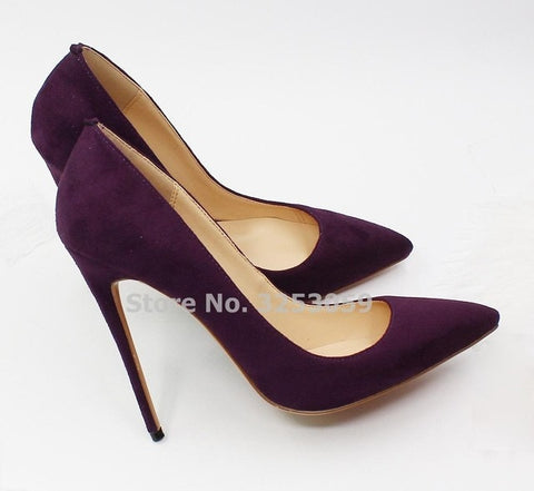 ALMUDENA Suede Pointed Toe Stiletto Heels Dress Pumps Shallow Slip-on 12cm Ultra High Heel Banquet Shoes Purple Yellow Blue