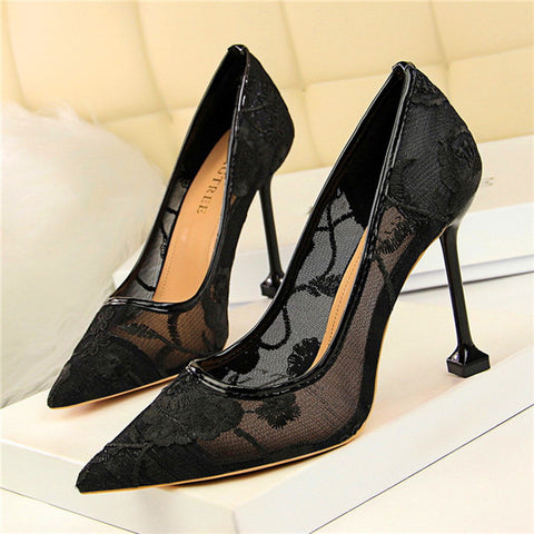 Floral Embroidered Heels Women Pumps Solid  Pointed High Heels Toe Shallow Fashion High Heels 10cm Shoes Women Wedding Shoes