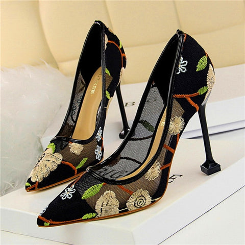 Floral Embroidered Heels Women Pumps Solid  Pointed High Heels Toe Shallow Fashion High Heels 10cm Shoes Women Wedding Shoes