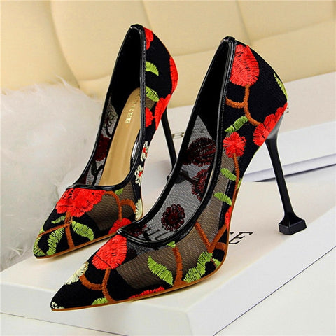 Floral Embroidered Heels Women Pumps Solid  Pointed High Heels Toe Shallow Fashion High Heels 10cm Shoes Women Wedding Shoes