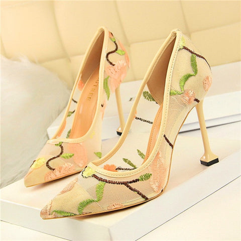 Floral Embroidered Heels Women Pumps Solid  Pointed High Heels Toe Shallow Fashion High Heels 10cm Shoes Women Wedding Shoes