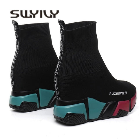 SWYIVY Sock Boots Woman Hided Wedge Platform Female Casual Shoes 2018 Autumn New Wedge Lady Knitting Short Ankle Boots Platform