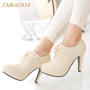 SARAIRIS New Plus size 34-43 autumn lace up platform booties Pumps women's Shoes Woman High Heels OL Lady Shoes ankle boots