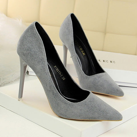 5 Colors Concise Women's OL Office Shoes 2018 New Show Thin Women Pumps Solid Flock Pointed Toe Shallow Fashion High Heels Shoes