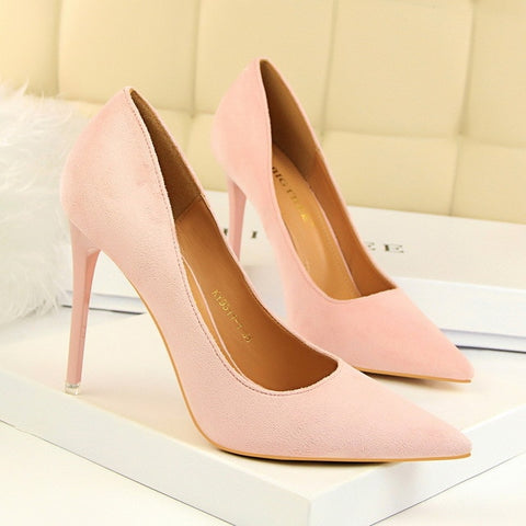 5 Colors Concise Women's OL Office Shoes 2018 New Show Thin Women Pumps Solid Flock Pointed Toe Shallow Fashion High Heels Shoes