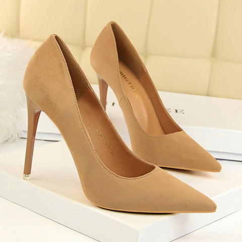 5 Colors Concise Women's OL Office Shoes 2018 New Show Thin Women Pumps Solid Flock Pointed Toe Shallow Fashion High Heels Shoes