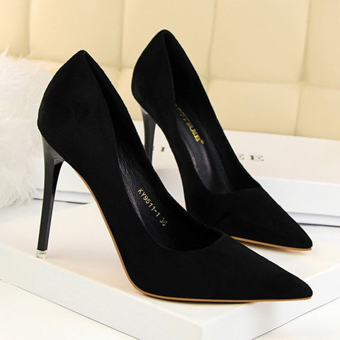 5 Colors Concise Women's OL Office Shoes 2018 New Show Thin Women Pumps Solid Flock Pointed Toe Shallow Fashion High Heels Shoes