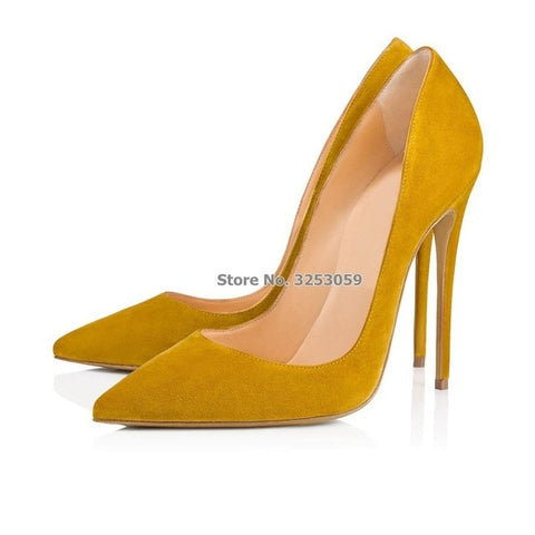 ALMUDENA Suede Pointed Toe Stiletto Heels Dress Pumps Shallow Slip-on 12cm Ultra High Heel Banquet Shoes Purple Yellow Blue