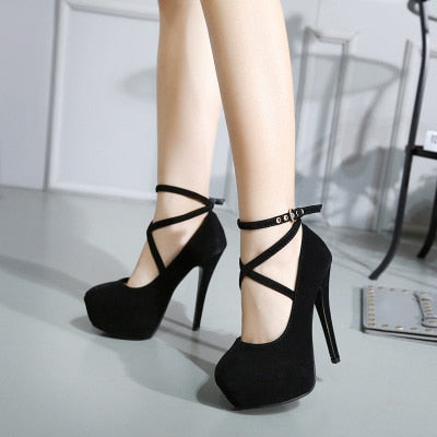 Korean version of the new ultra high heel stiletto shoes XL fashion cross strap waterproof platform women's single product trend