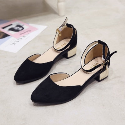 Women Fashion Comfortable Spring & Summer Pink Square Low Heel Shoes Lady Casual Pointed Toe Comfy Black High Heel Shoes E317