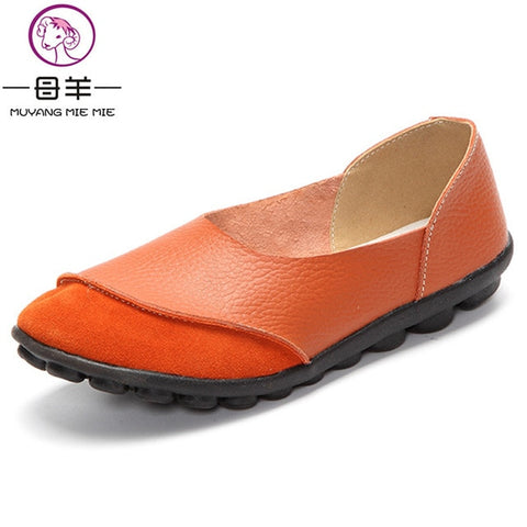MUYANG Women Flats Ladies Shoes Genuine Leather Flat Shoes Woman Non-Slip Boat Shoes Women Loafers Size 35 - 43