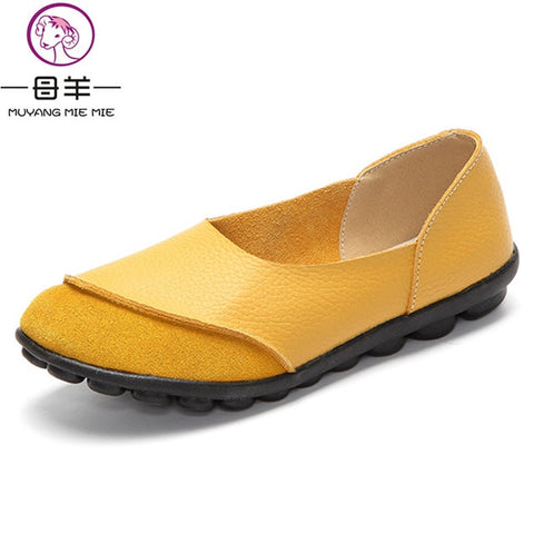 MUYANG Women Flats Ladies Shoes Genuine Leather Flat Shoes Woman Non-Slip Boat Shoes Women Loafers Size 35 - 43
