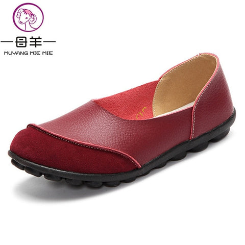 MUYANG Women Flats Ladies Shoes Genuine Leather Flat Shoes Woman Non-Slip Boat Shoes Women Loafers Size 35 - 43