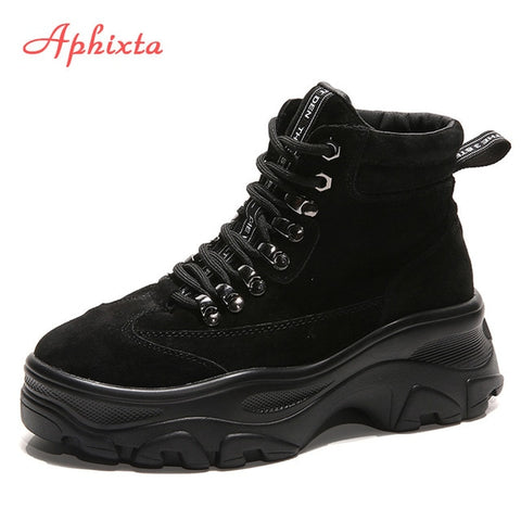 Aphixta Platform Ankle Boots Shoes Woman Cow Suede Equestrian Winter Thick Sole Lace-up Women Shoes Waterproof Martin Boot