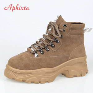 Aphixta Platform Ankle Boots Shoes Woman Cow Suede Equestrian Winter Thick Sole Lace-up Women Shoes Waterproof Martin Boot