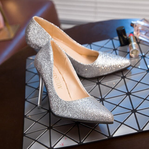 2019 Spring glitter gold high-heeled shoes pointed with silver fine with women's shoes bridesmaid wedding shoes Mujer s019