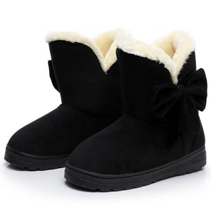 Women Boots Female winter boots Warmer Plush Bowtie Fur Suede Flat Slip On Ankle Snow Boots Women's Shoes Fashion Platform Black