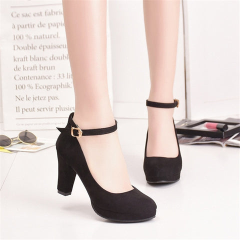 Sexy Red Ankle Strap 9CM High heels Autumn Flock Round toe High heels Female Platform Summer Shoes Women Pumps Sandals Muje