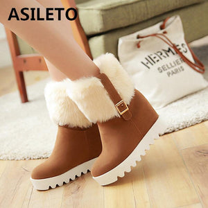 ASILETO Fur ankle boots heels women Hidden wedge Platform boots winter shoes woman bota feminina footwear buckle slip on QA4098