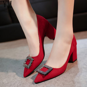 Women Pumps High heels Lady Suede leather Crystal Square Buckle Thick with Autumn Pointed Single Shoes Wedding Female Sandals