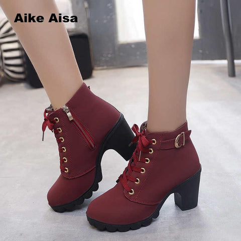 Plus Size 35-43 Winter Casual Women Pumps Warm Ankle Boots Waterproof High Heels Snow Martin Shoes Botas  Patent  Botas Muje A05