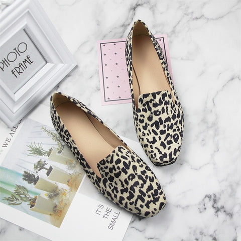 Lady Rome Style Leopard p Plus size 12 11 44 No Heels Square toe shoes Women Soft Sole Slip-on Breathable Brown White Printing