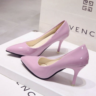 Plus Size 34-44 Hot Women Shoes Pointed Toe Pumps Patent Leather Dress High Heels Boat Wedding Zapatos Mujer Blue Wine Red