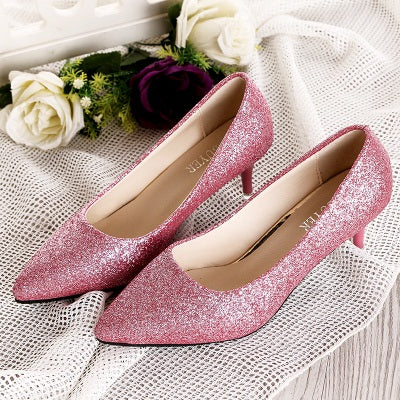 2019 autumn new fashion sequins high heels Korean version of the wild pointed shallow mouth banquet wedding shoes