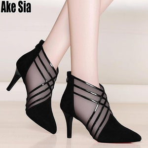 Fashion Mesh & Lace Crossed Stripe Women Ladies Casual Pointed Toe High Stilettos Heels Pumps Feminine Mujer Sandals Shoes A581